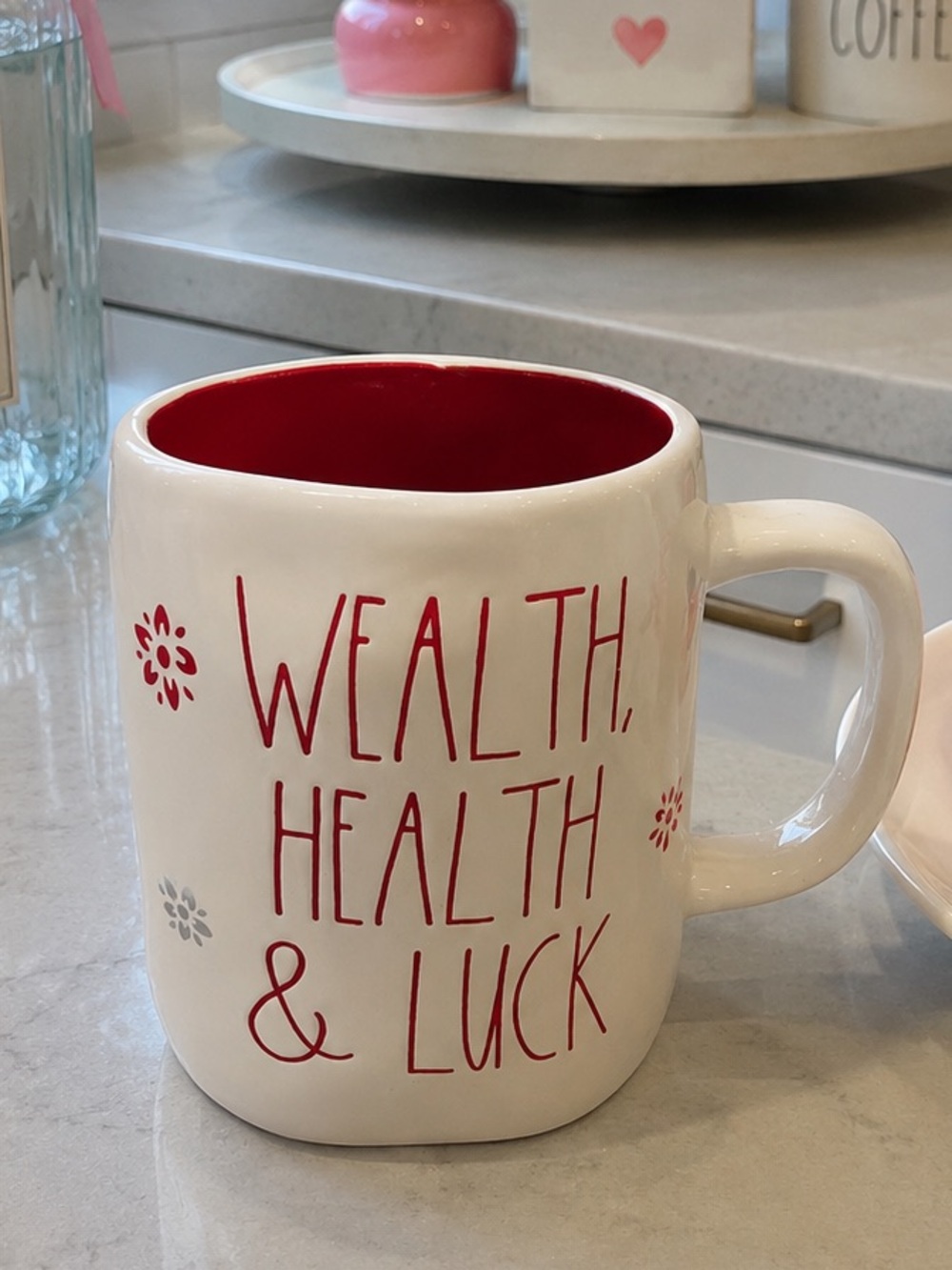 Rae Dunn Wealth Health & Luck Ceramic Mug - White with Red Interior NWOT